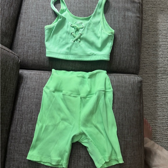 Year of Ours Pants - Year of Ours Neon Green Workout Set -  Ribbed Crop Top and Shorts Set size small